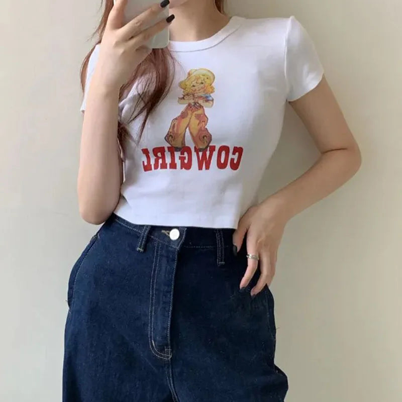 Y2K Fashion Letter Print Top Women Summer White Crop Top Slim Tank Top 2000s Streetwear Harajuku Goth Short Sleeve Tshirt Corset