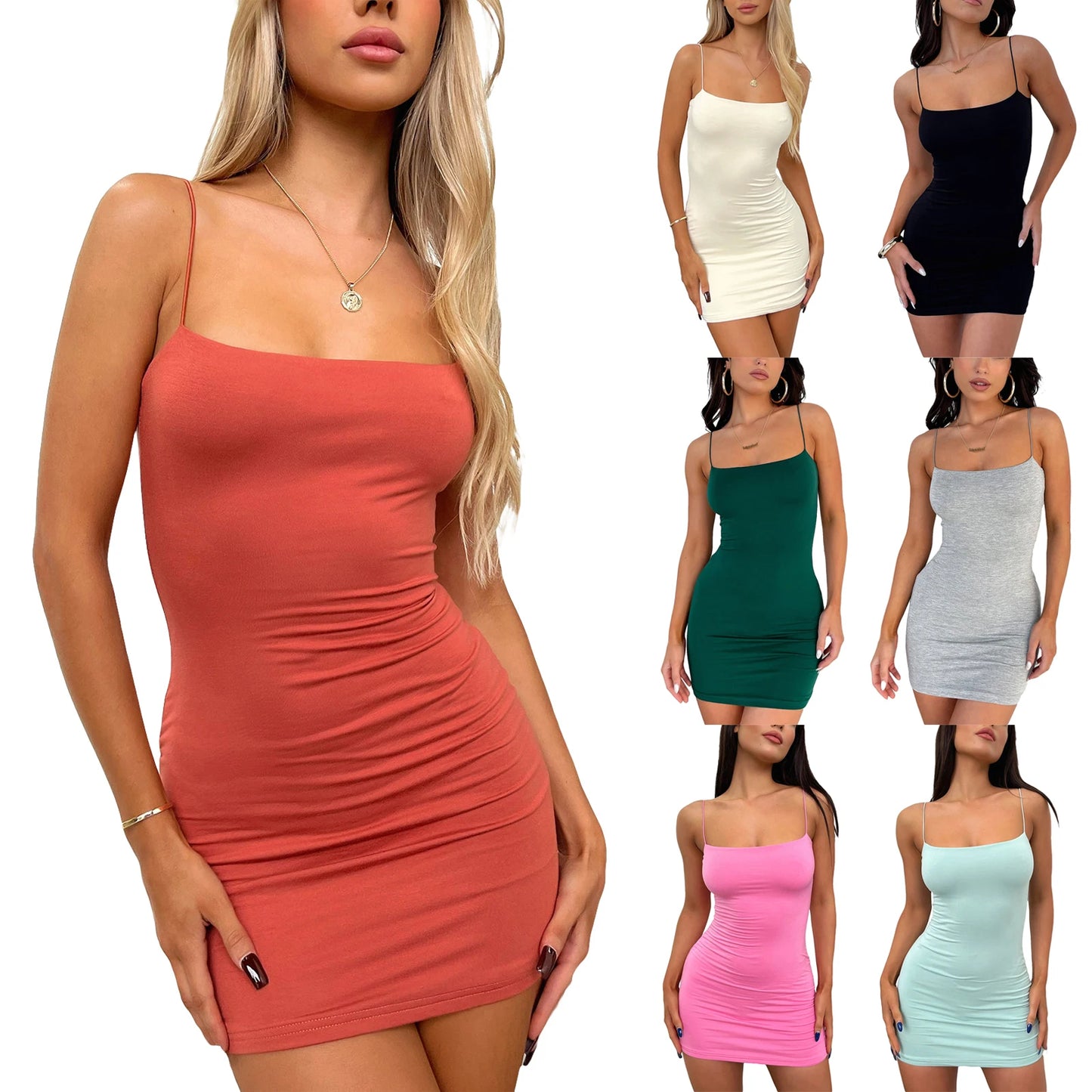 Women's Summer Short Skinny Suspender Dress Solid Color Sexy Sleeveless Backless Low Cut Clubwear Dress