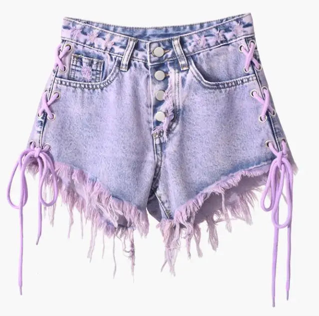 Purple Tassel Jean Shorts Lace-Up Denim Shorts Women's Summer High Waist Breasted Raw Edge A-Line Wide-Leg Hot Pant