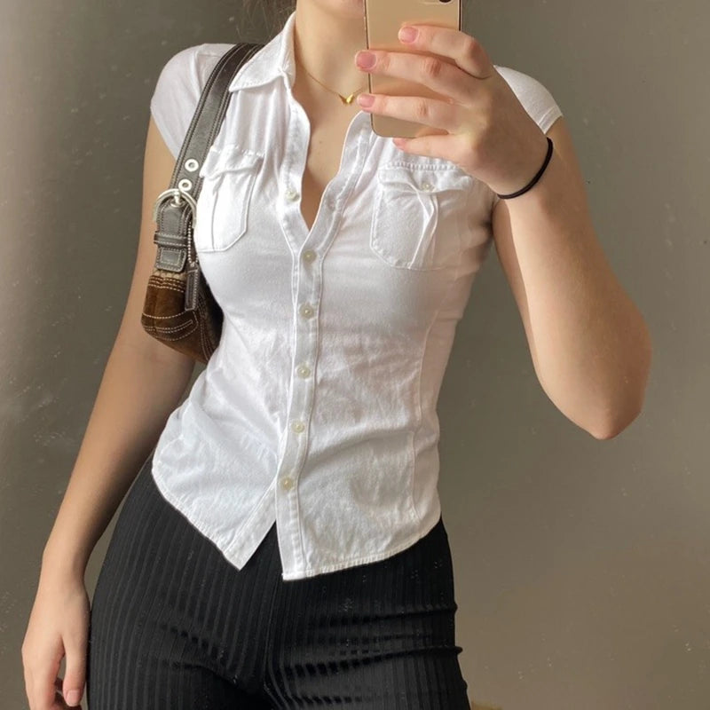 Button Pockets Crop Top Slim Girls Retro Casual Basic Cotton Shirt Cardigans Y2k Streetwear Tops Sexy Office Female White Blouse