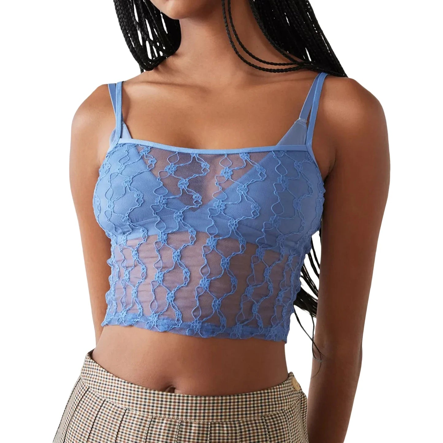 Women Lace Embroidery Camisoles See Through Square Neck Sexy Mesh Sleeveless Spaghetti Strap Sheer Cami Slim Summer Streetwear