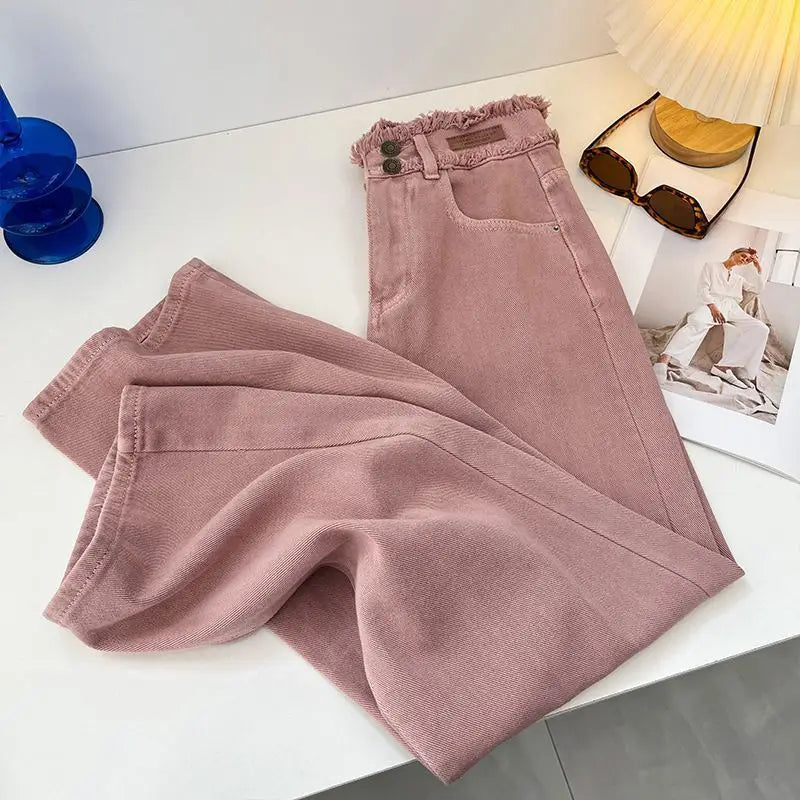 Jeans rosa estilo coreano feminino primavera outono cintura alta borda crua calças jeans retas simples suaves calças largas combinadas