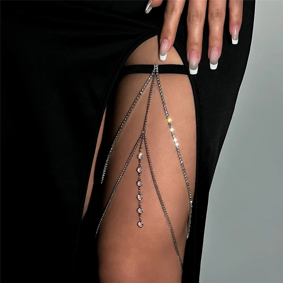 Boho Elastic Band Bandage Leg Thigh Chain for Women Bikini Sexy Tassel Multilayer Adjustable Garter Belt Rhinestone Body Jewelry