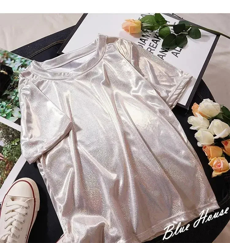 S-4XL Womens Sparkly Shiny Metallic Holographic Round Neck Short Sleeve Casual Loose Top Festival Party Tee Shirt Female Clothes