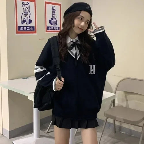 Japanese School Uniform Preppy Style Sweater Women 2022 Autumn New Korean Fashion Loose Simple V-neck Casual School Sweater