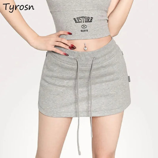 Sporty Mini Skirts Women Drawstring Solid Elegant Casual College All-match Korean Fashion Style Faldas Mujer Retro Workout Basic