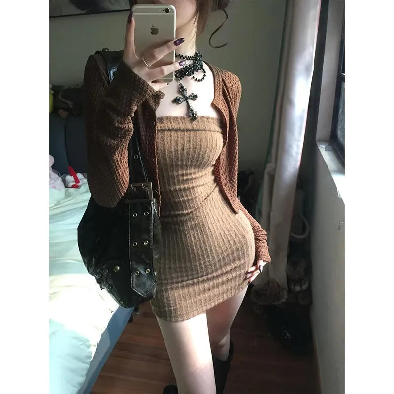 2025 spring pure slim sexy strapless hot girl hip-pack gothic short skirts for women brown casual high-quality knitted cardigan