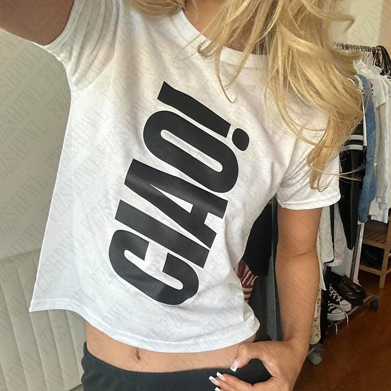 Hip hops letter print round neck t-shirt grunge punk Y2K crop tops fashion emo girls high street retro casual silm women babytee