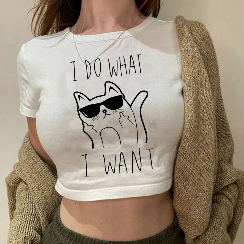 Women 2000s Sweet Funny Cat T Shirt Crop Top Women Shirt Cropped Ulzzang T-shirt 90s Tshirt Top Tee Female Gothic Shirt