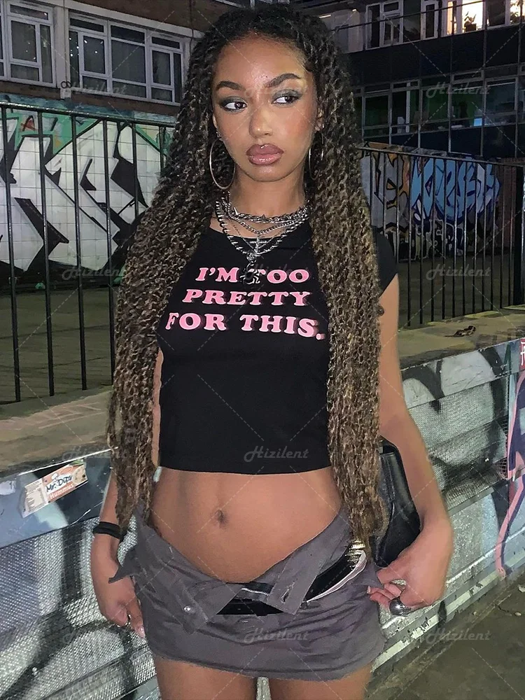 2000s Letter Print Cute Baby Tees Streetwear Harajuku Goth Camisetas de manga curta Y2K Moda Verão E-girl Preto Crop Tops Slim