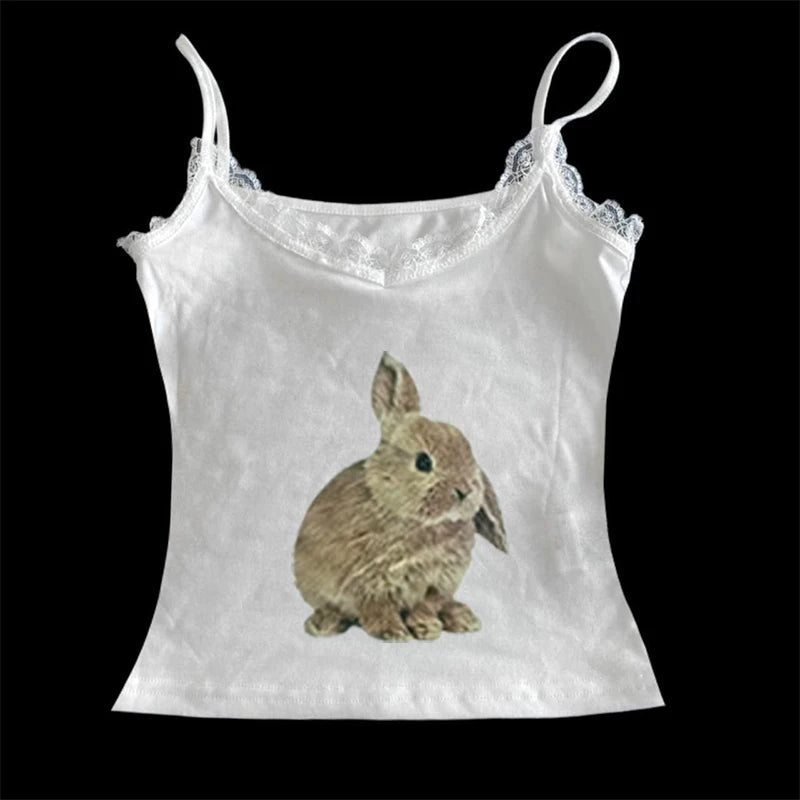 Cute sweet aesthetic Y2K women's sleeveless camisole streetwear casual punk rabbit pattern print vintage Harajuku summer shorts