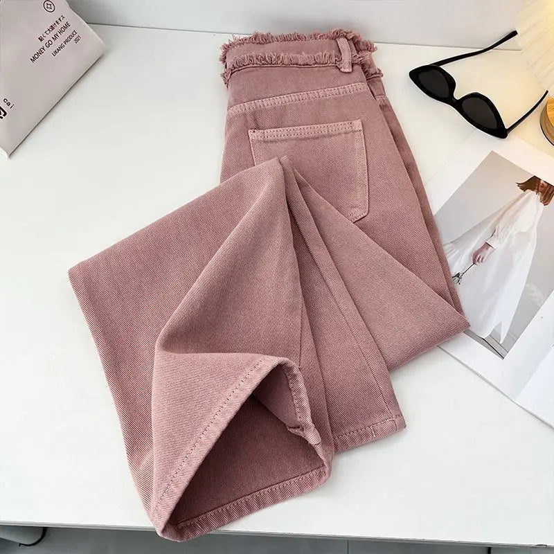 Jeans rosa estilo coreano feminino primavera outono cintura alta borda crua calças jeans retas simples suaves calças largas combinadas