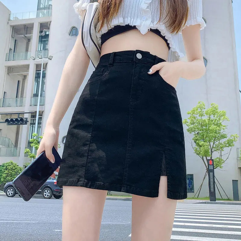 Slit Stretch High-waisted Half Body Denim Skirt, Women's New Summer Fashion Slim-fit A-line Wrap Hip Short Denim Half Body Skirt