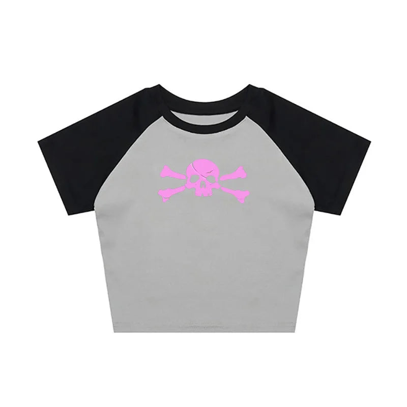 Y2K Crop Top Vintage short sleeve Tshirt Gothic Harajuku print pattern croptop skeleton Skull punk streetwear aesthetic EMO Girl