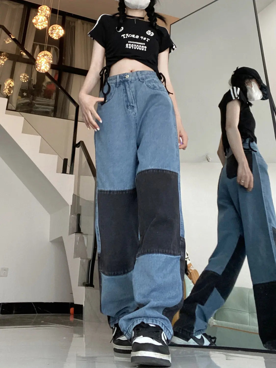 Retro Hot Girl Stitching Street Hip-hop Contrasting Color Stacked Jeans for Women High-waisted Straight Trousers Wide-leg Pants