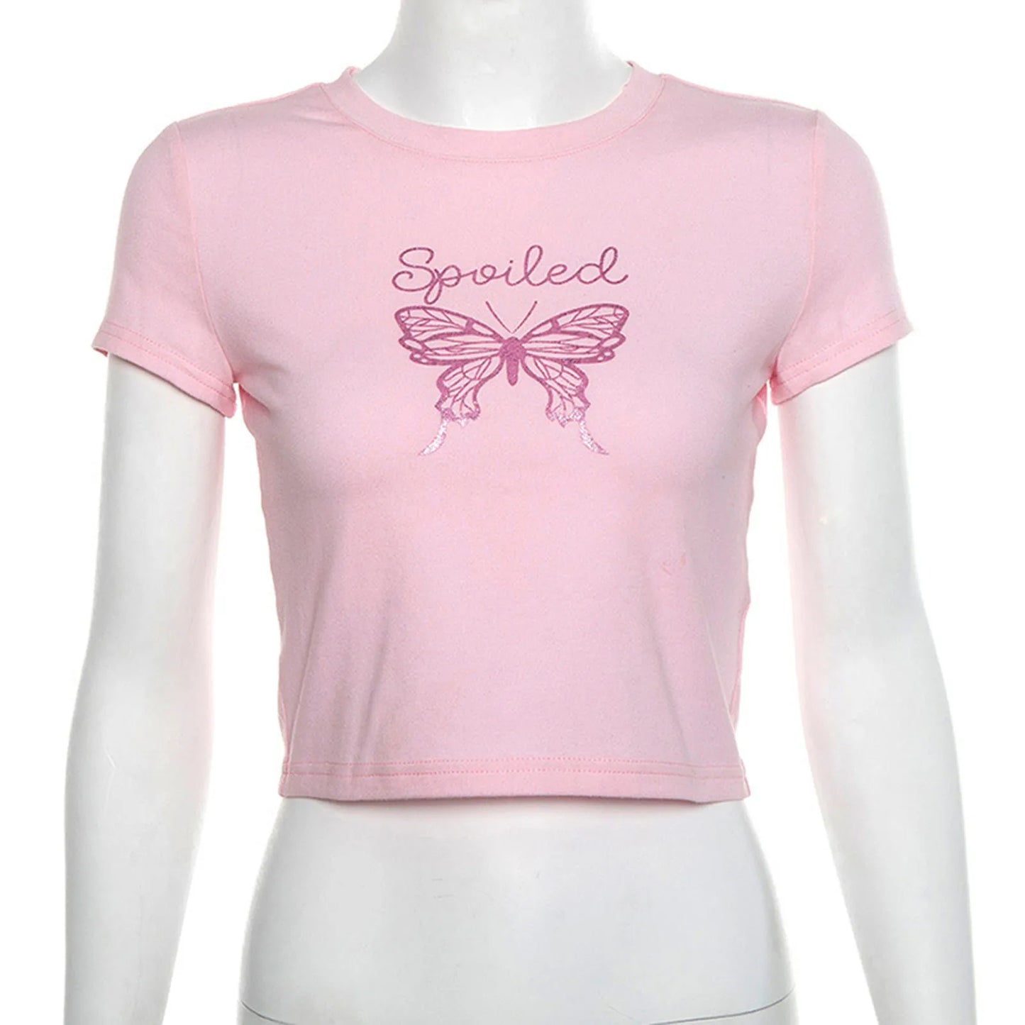 Cute E Girl Harajuku Pink T-Shirts Women Summer Casual Short Sleeve Glitter Butterfly Print Y2K Crop Top Fairy Aesthetic Clothes