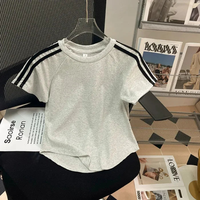 2024 Summer New Women's Slimming Cotton T-shirt Set Three Sleeves Short Slim Fit Cropped Aglan Top Trendy