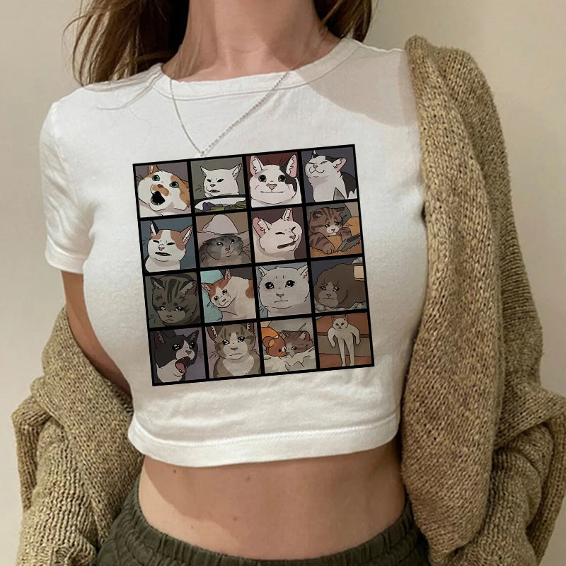 Mulheres 2000s Doce Engraçado Gato Camiseta Top Curto Camisa Feminina Camiseta Ulzzang Curta 90s Camiseta Top Camiseta Feminina Camisa Gótica