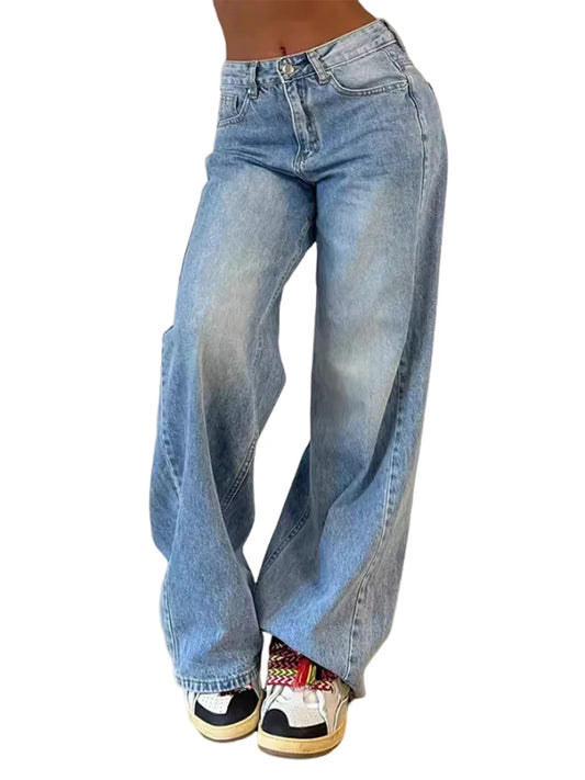 Calça jeans feminina de cintura alta estilo namorado, vintage, perna larga, solta, jeans lavado com bolsos