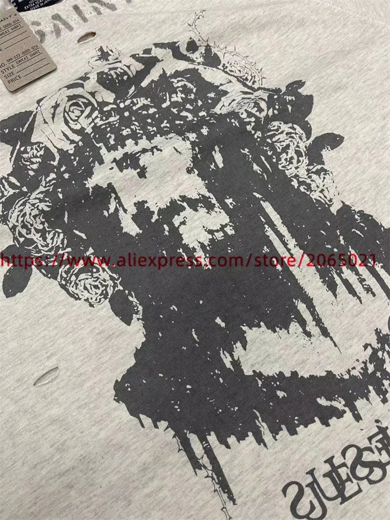 Jesus Graffiti print Saint T Shirt Men Women Retro Gray Washed T-Shirt Tee Tops