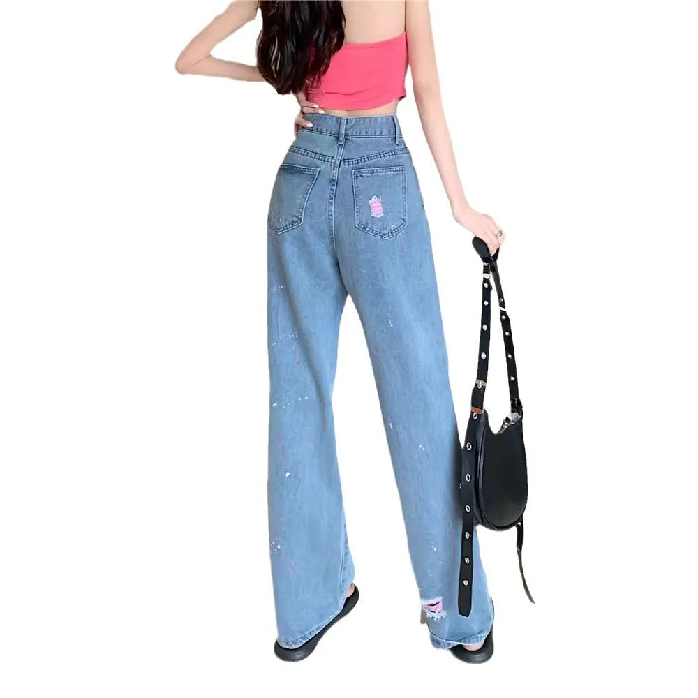 Jeans feminino rasgado design de nicho 2025 verão novo cintura alta emagrecimento solto casual reto calças de perna larga