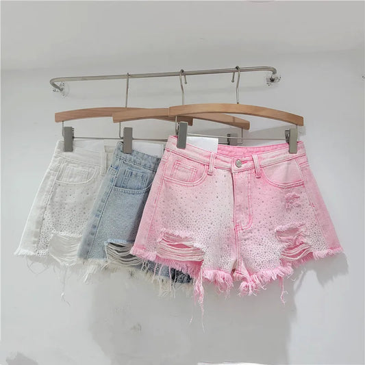 YEAE Heavy Industry Hot Diamond Denim Shorts Women's  New High Waist Skinny Spice Girl Ripped Burr Edge Wide Leg Hot Pants Tide