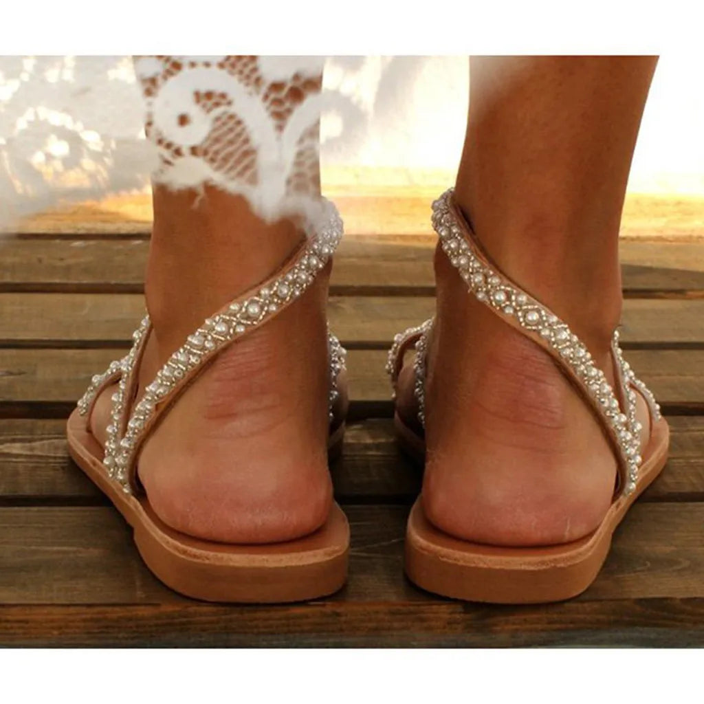 shoes woman 2024 trend Casual Sexy Flat-soled Sandals Summer Women Pearl Shoes Crystal Women's sandals elegant sandals woman