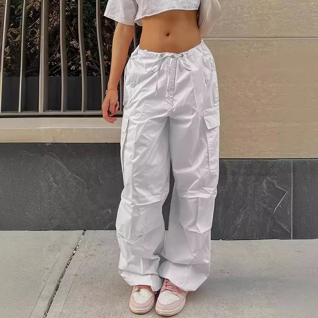 Calças femininas primavera outono sólidas calças soltas com cordão cintura baixa streetwear joggers baggy perna larga calças de moletom cargo