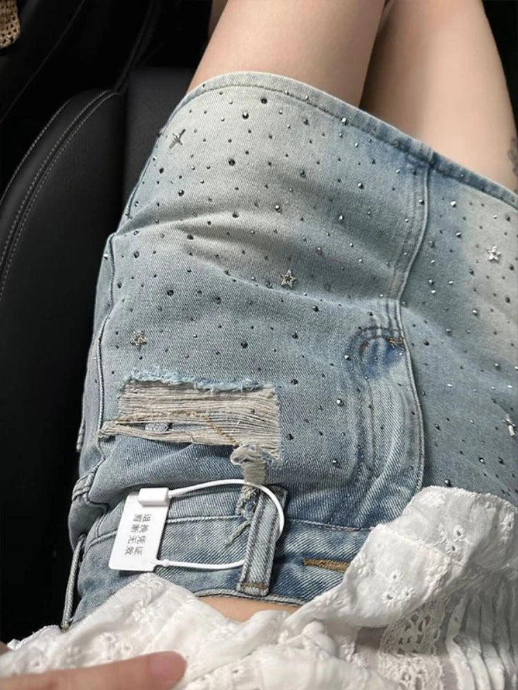 Vintage Denim Starry Skirts Women Mini Rhinestone Denim A-line Korean Style Hot Spicy Girls Summer Streetwear Stylish 4XL Chic