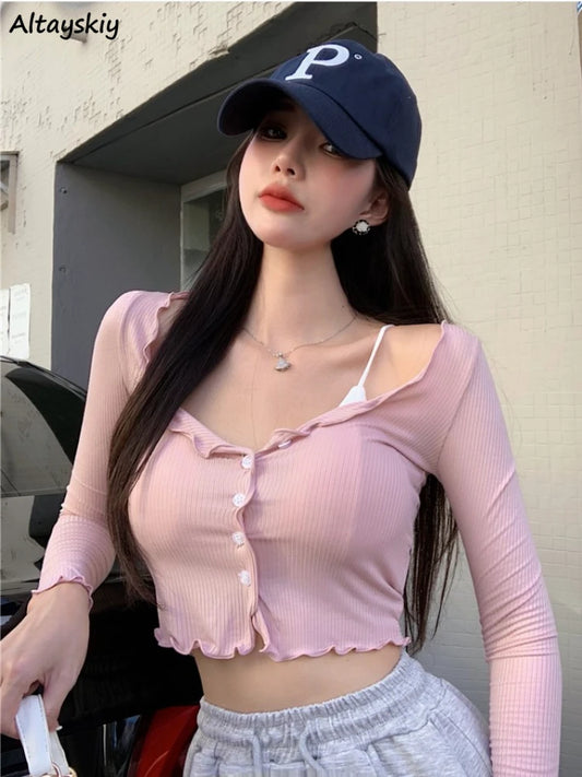 Long Sleeve T-shirts Women Crop Skinny Sun-proof V-neck Retro Sweet Sexy Young Streetwear Ulzzang Trendy Simple Tender футболка