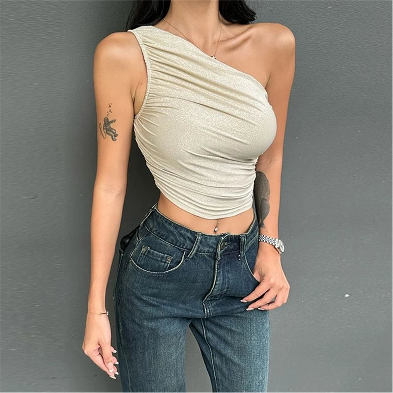 Off Shoulder Shiny Silk Pleated Tank Top Summer Crop Top Irregular Women's Sexy Club Sleeveless Camisole