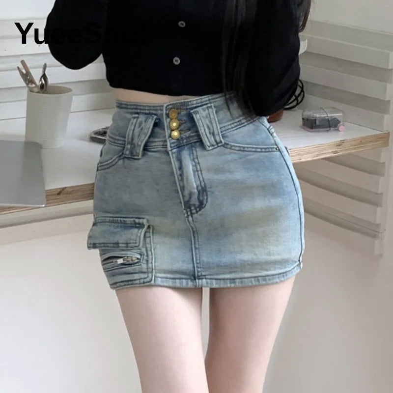 Blue Denim Skirt  A-Line High Waist Mini Skirt 2024 New Summer Y2K 2000s High Street Sexy Kawaii Cute Skirts for Women