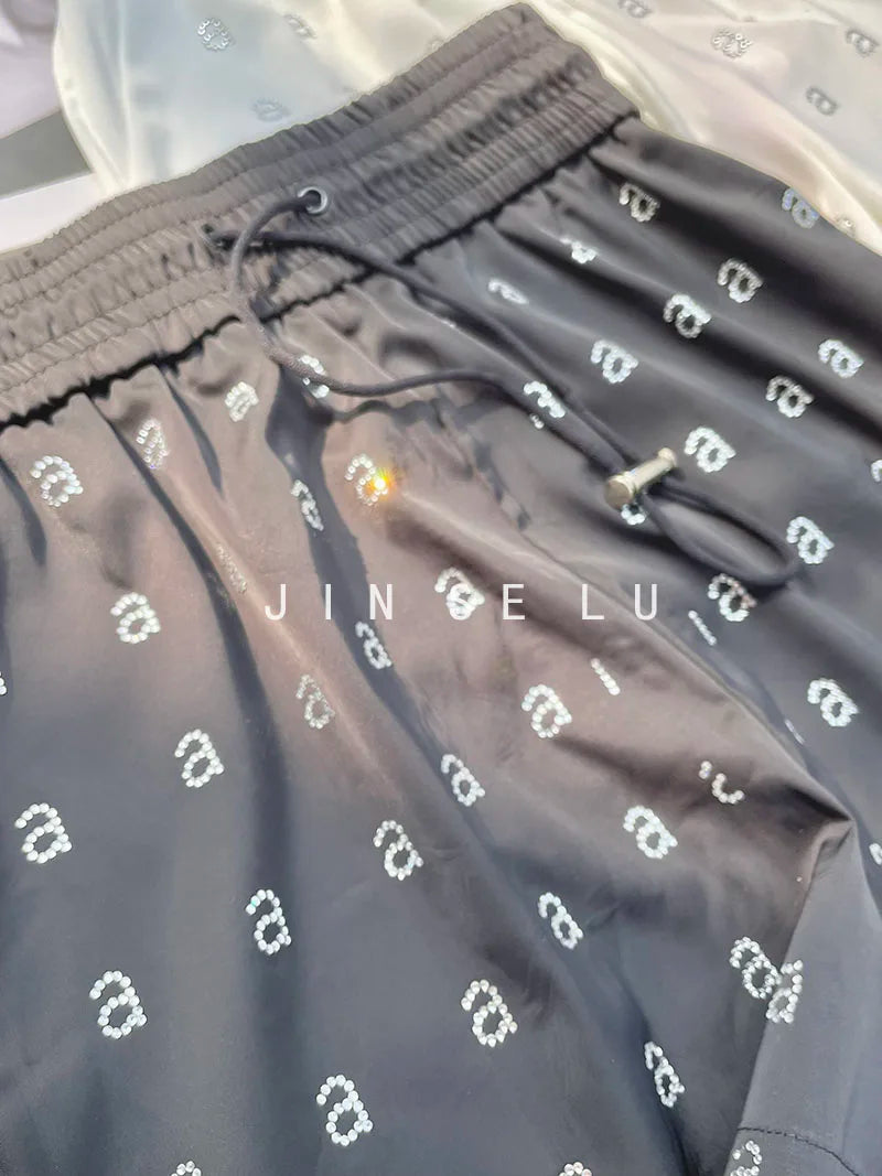 Summer Thin Rhinestone Letter Shorts Women's Fashion High Waist Loose Drooping Casual Versatile Slimming Ladies Wide Leg Pants