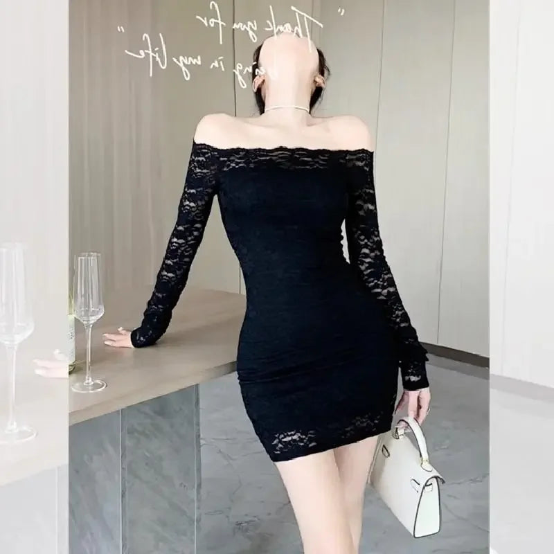 Pure Desire Aesthetic Off-shoulder Mini Dress For Women Spring Waist-fitted Spicy Girl A- line Hip Covering Long Sleeve Dress