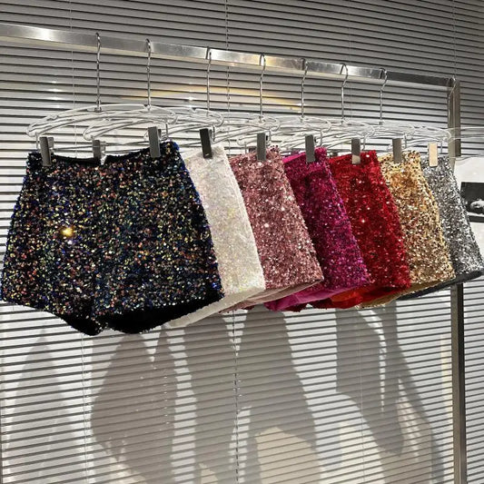 Novos shorts clubwear femininos sensuais com lantejoulas, shorts soltos, cintura alta, streetwear, pernas largas, calças curtas, prata, preto, roupas femininas