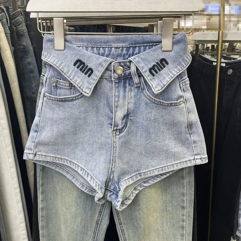 2024 Summer Korean Style New Style Spice Girls Wide Leg Pants Women's High Waist Turn-up Exposed Pocket Denim Shorts