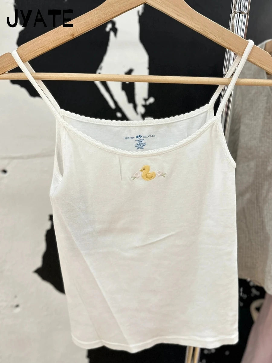 Novo 14 Bordado Slim Tank Top Feminino Primavera Casual Sem Mangas Algodão Branco Estilo Preppy Camis Feminino Bonito Doce Colete Y2K Tops