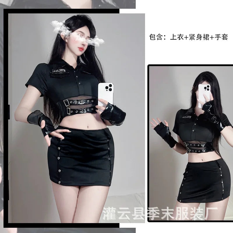 Sexy Women Leather Belt Zipper Design Erotic Nightclub Fashion Black Slim Top Uniform Sheer Role Playing Skirt Set Passion KXF6