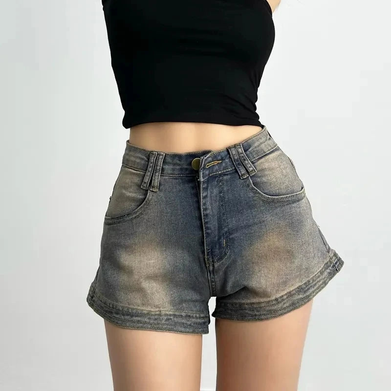 Women's Blue Retro Denim Shorts Y2K Harajuku High Street 2000s Style Aesthetic Wide Leg 90s Jeans Shorts Summer Clothing 2025