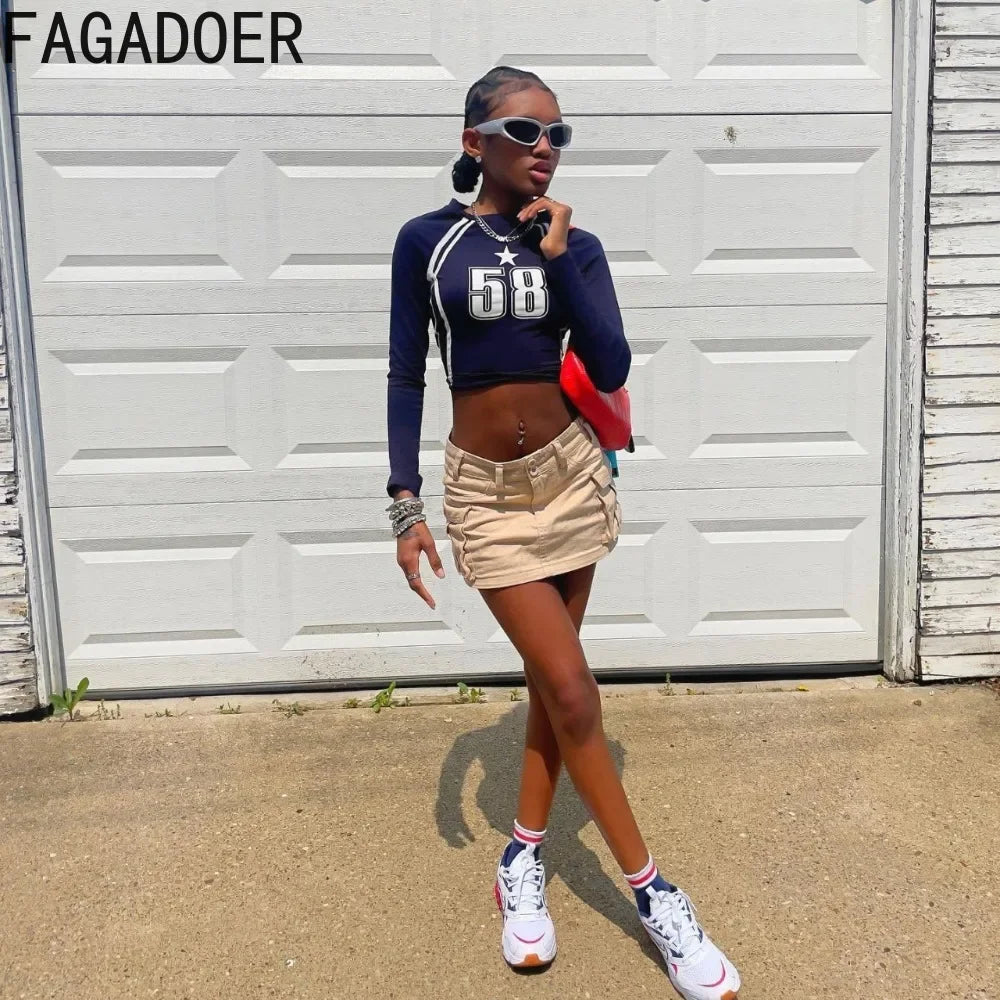 FAGADOER Autumn Y2K Letter Print T Shirt Women O-Neck Stripe Patchwork Slim Crop Tops Hot Girl Basic Hipster Streetwear Clothing