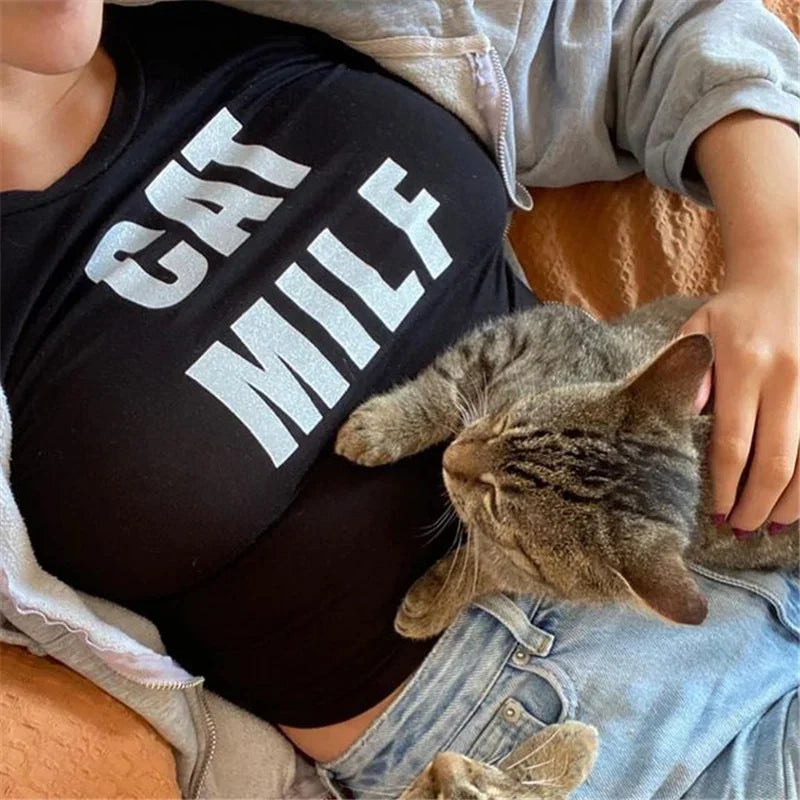 E-girl Gothic Grunge Crop Tops Mulheres Kawaii CAT MILF carta Imprimir manga curta camiseta Verão roupas femininas streetwear Emo