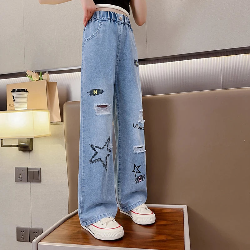 Girls, middle and large kidsren's summer creative five-pointed star denim wide-leg pants