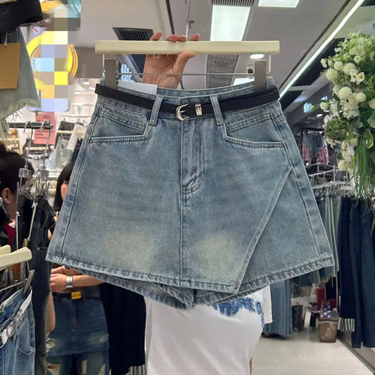 Verão Novo 2024 Irregular Splicing Design Cowboy Saias e Shorts para Mulheres, Cintura Alta e Shorts Casuais Slim