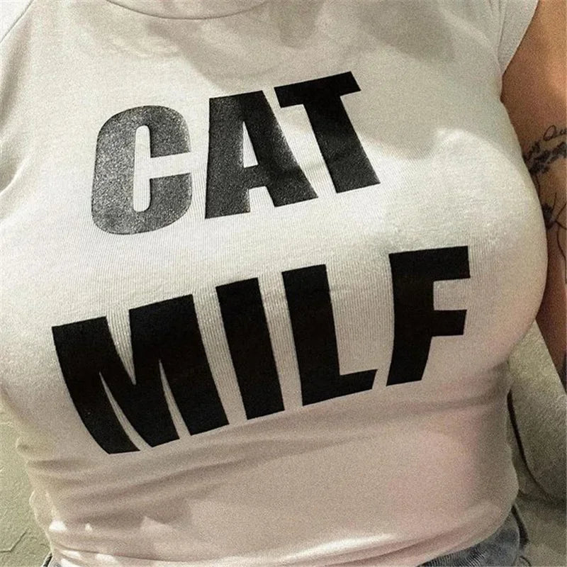 E-girl Gothic Grunge Crop Tops Mulheres Kawaii CAT MILF carta Imprimir manga curta camiseta Verão roupas femininas streetwear Emo