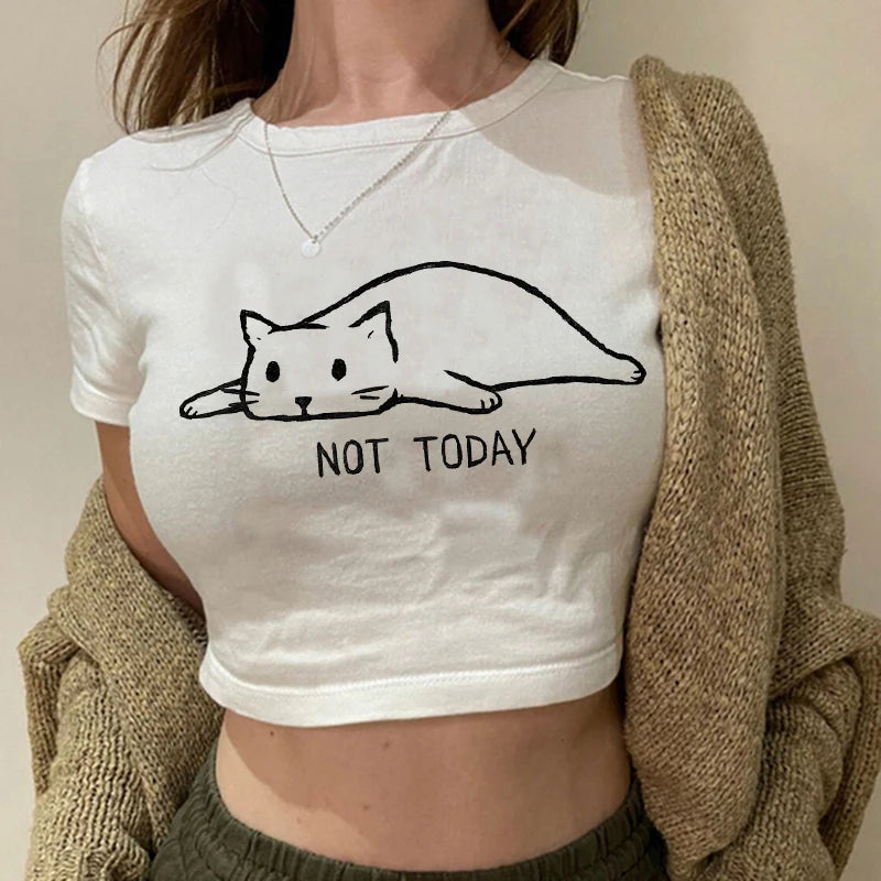 Women 2000s Sweet Funny Cat T Shirt Crop Top Women Shirt Cropped Ulzzang T-shirt 90s Tshirt Top Tee Female Gothic Shirt