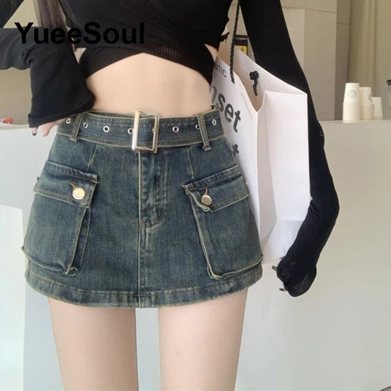 Blue Denim Skirt  A-Line High Waist Mini Skirt 2024 New Summer Y2K 2000s High Street Sexy Kawaii Cute Skirts for Women