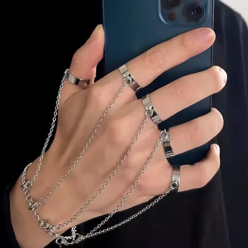 Metal Cool Cyberpunk Geométrico Premium Sinta Corrente Anéis de Pulso Pulseira Charmosa Hip Hop Corrente Conjunto de Anéis Abertos Jóias da Moda