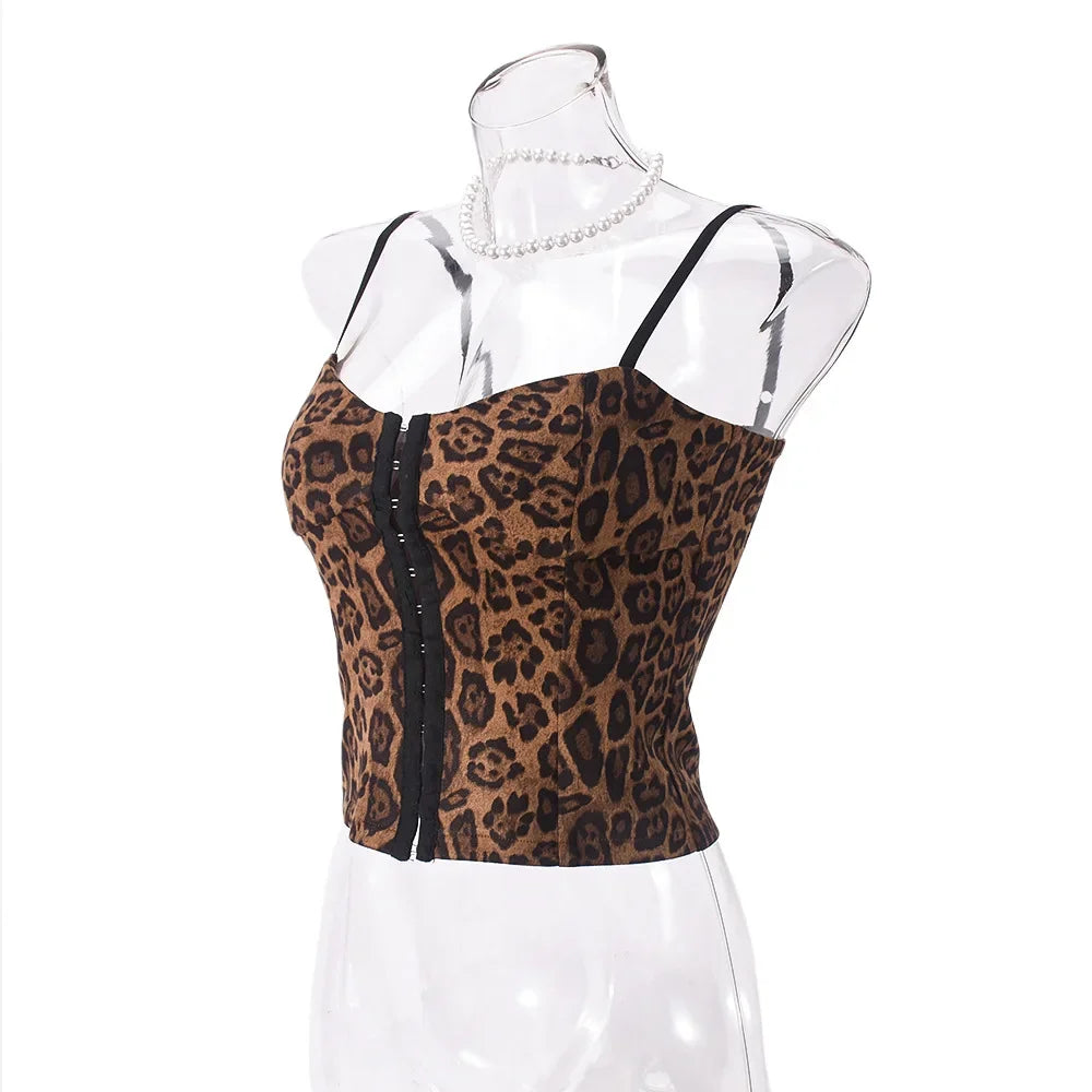 Top curto sexy sem costas com estampa de leopardo retrô para mulheres 2024 moda verão alças esfaqueadas gótico Y2K espartilho tops femininos camis camisetas