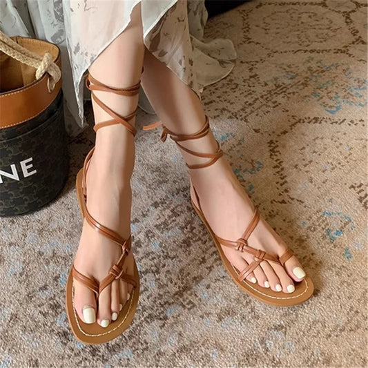 Women's Sandals Summer 2025 Ankle Strap Flip Flops Flat Beach Shoes Ladies Bohemia Casual Lace-up Gladiator Sandalias Mujer