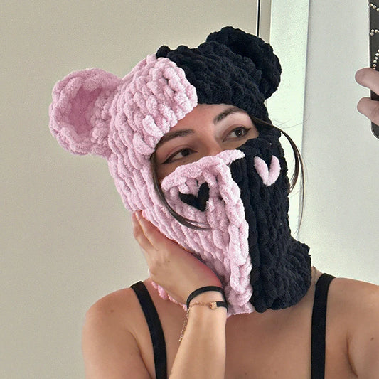 Gorro de malha fofo com orelha de gato e bola de pompom, gorro quente de inverno para esqui, rosto inteiro, chapéu à prova de vento para meninas e mulheres